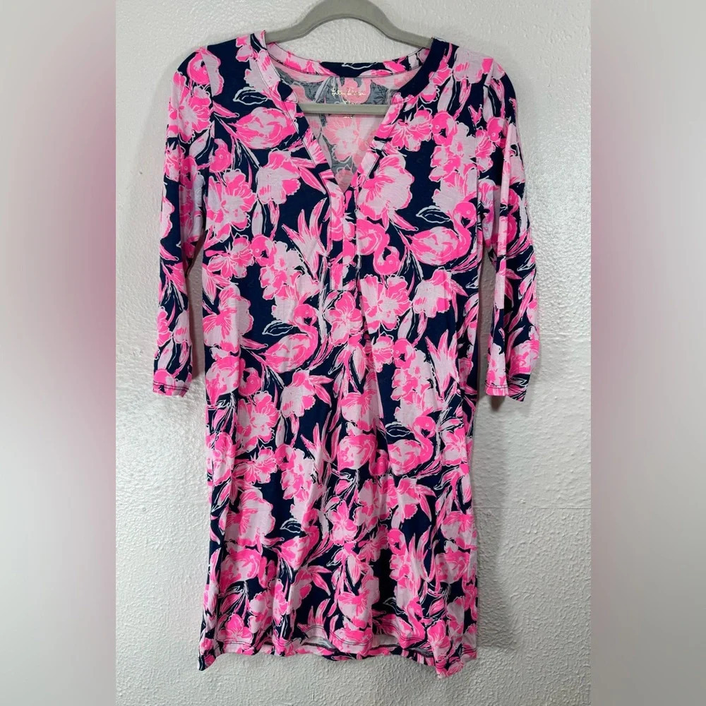 Lilly Pulitzer Daphne Dress Inky Flamingo Pink Blue Pima Cotton Women’s XS
